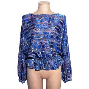 Free People blue long sleeve top in S. Elastic bottom. Sheer stripes. Gorgeous